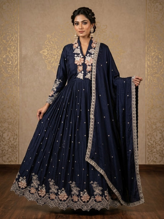 Navy blue Anarkali suit with multicolour floral embroidery and pleated flare