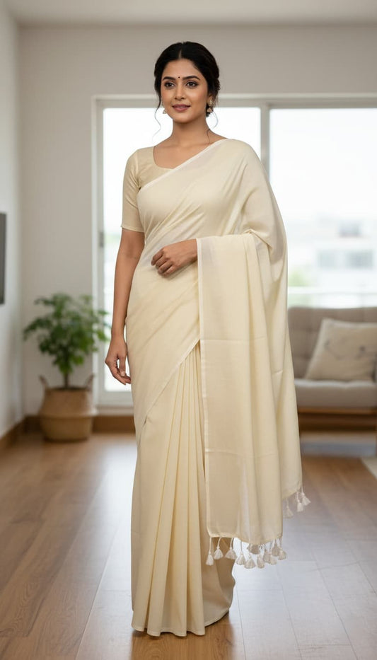 Off white mulmul cotton saree with hand-tied white tassels on edge