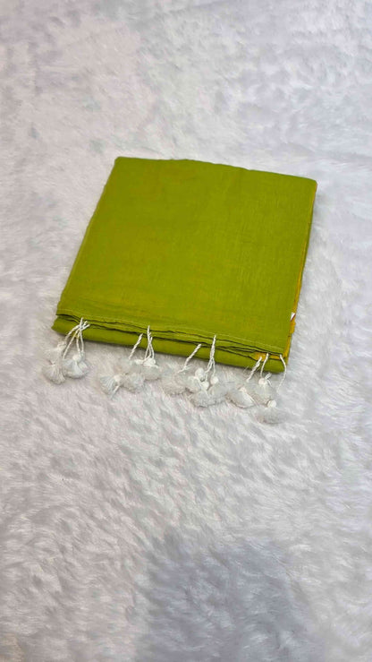 Soft mulmul cotton saree in olive green with mustard yellow border
