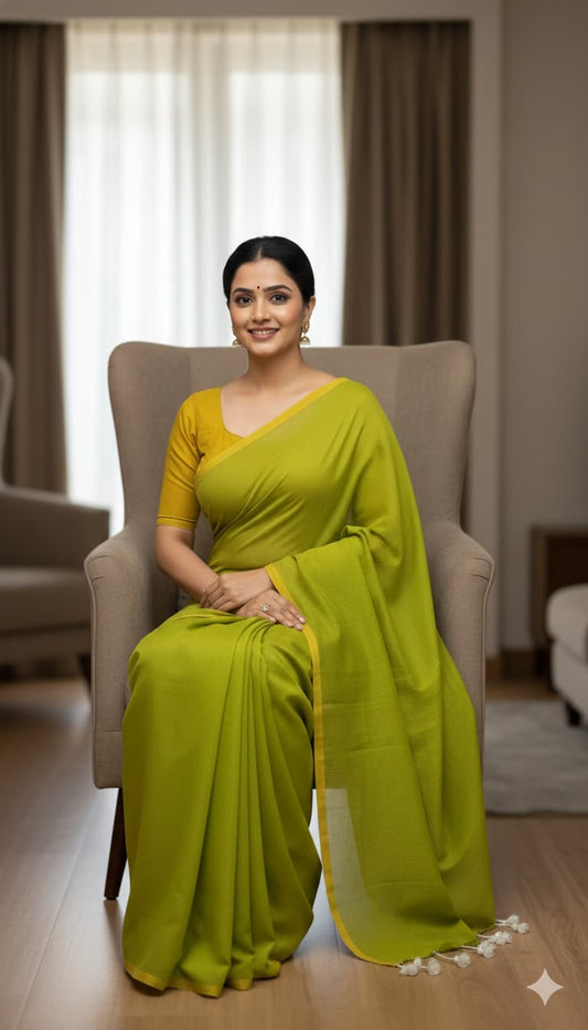 Olive green cotton saree with contrasting mustard border and hand-tied tassels