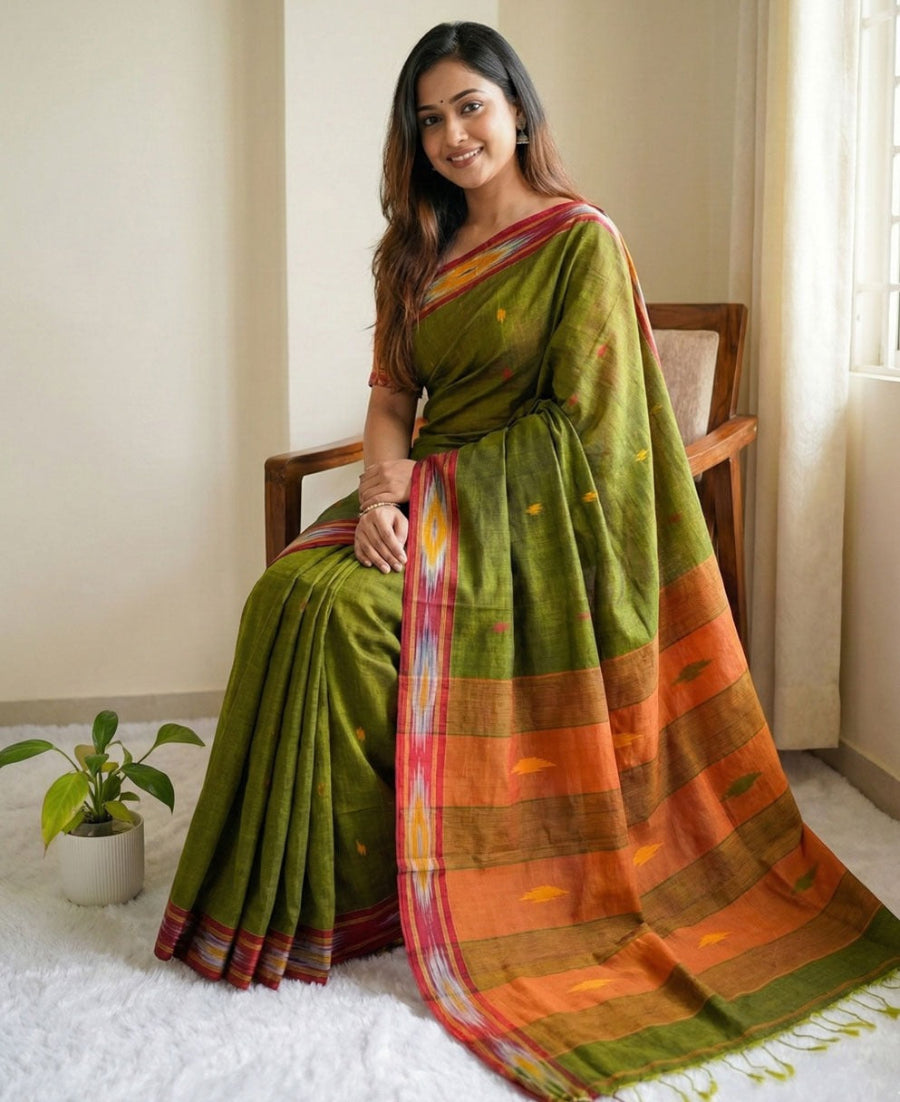 Olive green cotton saree showcasing triangle butti weaving, Ikat border pattern, contrast pallu and tassel finish. Perfect for daily wear
