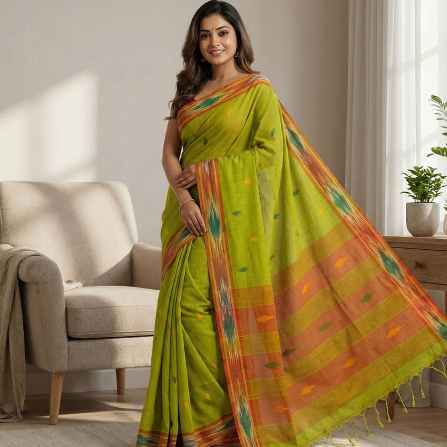 Parrot green pure cotton saree with small triangle butties, Ikat border, contrast pallu and tassels with unstitched blouse piece