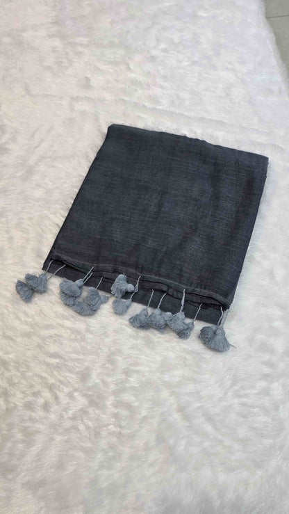 Soft mulmul cotton saree in gray with handcrafted tassels