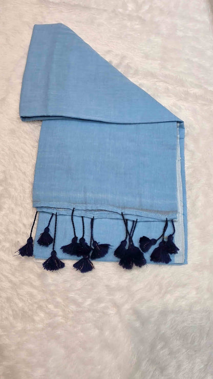 Soft mulmul cotton saree in light blue with handcrafted tassels