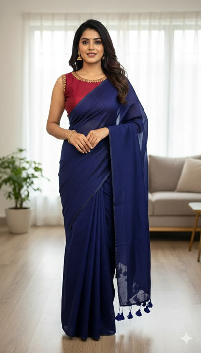 Navy blue mulmul cotton saree with hand-tied tassels on pallu