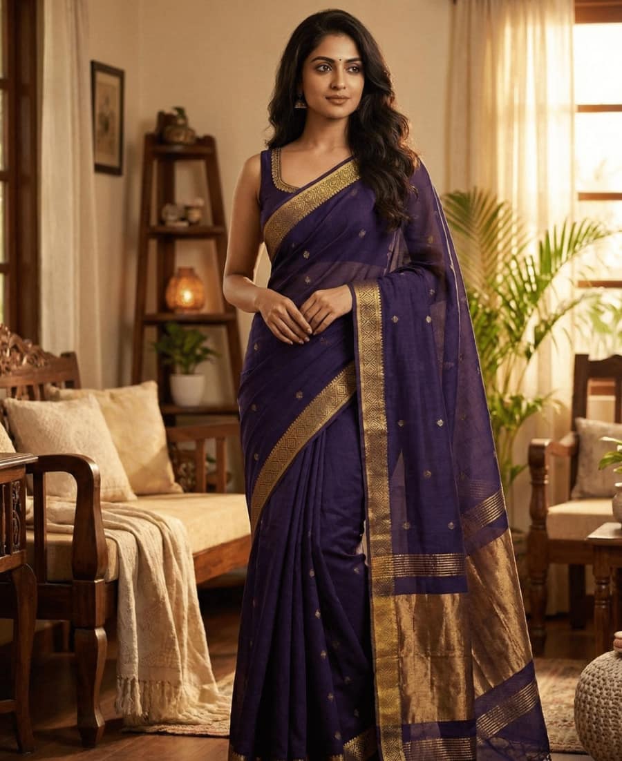 Pure indigo blue cotton saree all-over copper butti work copper zari pallu golden border festive ethnic wear