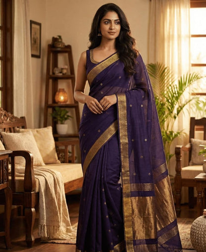 Pure indigo blue cotton saree all-over copper butti work copper zari pallu golden border festive ethnic wear