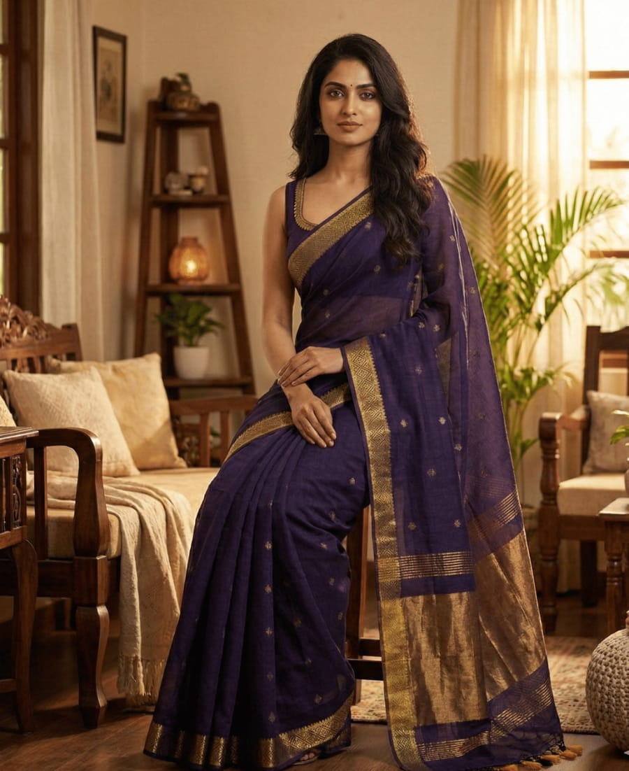 Pure indigo blue cotton saree all-over copper butti work copper zari pallu golden border festive ethnic wear