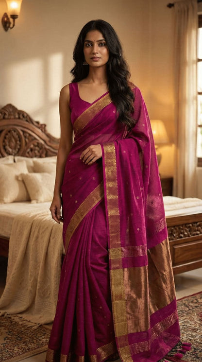 Ethnic magenta cotton saree crafted in soft cotton fabric with copper butti pattern, zari pallu, and golden edge detailing.