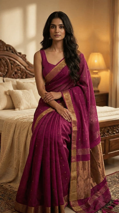 Festive magenta cotton saree with detailed copper butti weaving, zari pallu, and classic golden border.