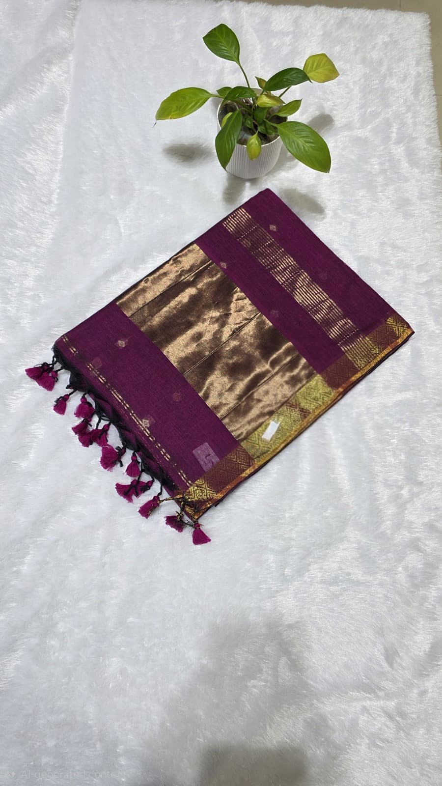 Magenta cotton saree featuring intricate copper zari butti design, rich pallu, and golden border, perfect for traditional occasions.