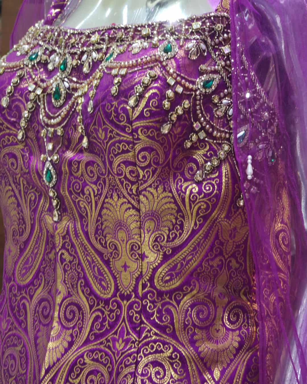 stone work  in royal purple Banarasi brocade