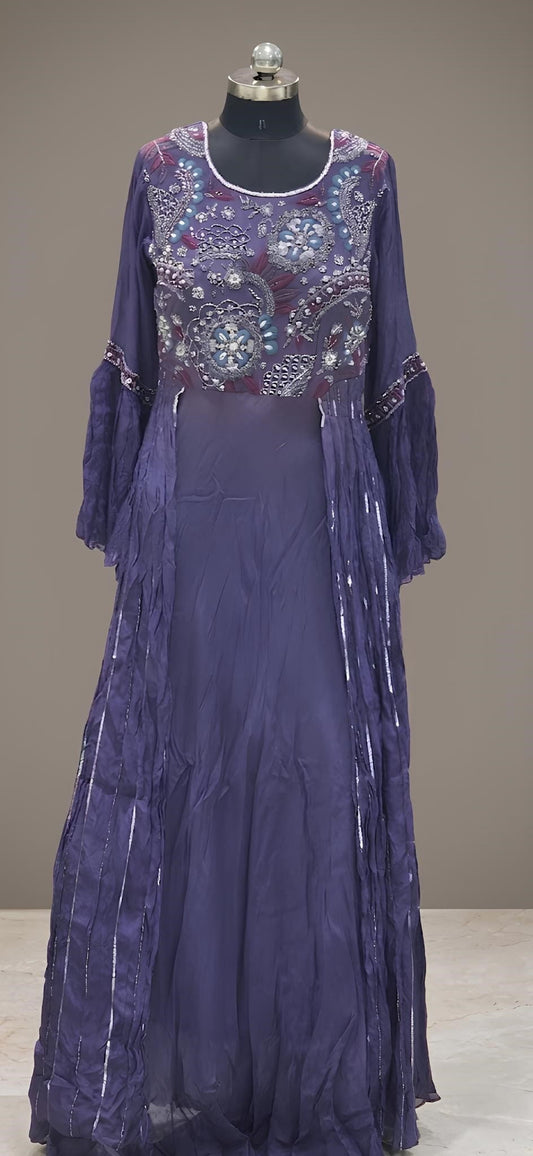 Purple embroidered Anarkali gown with sheer bell sleeves and detailed bodice
