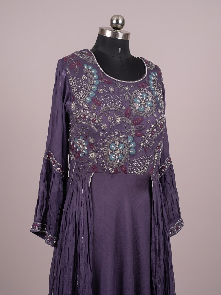 Designer violet Anarkali dress with floral thread embroidery and flowy silhouette