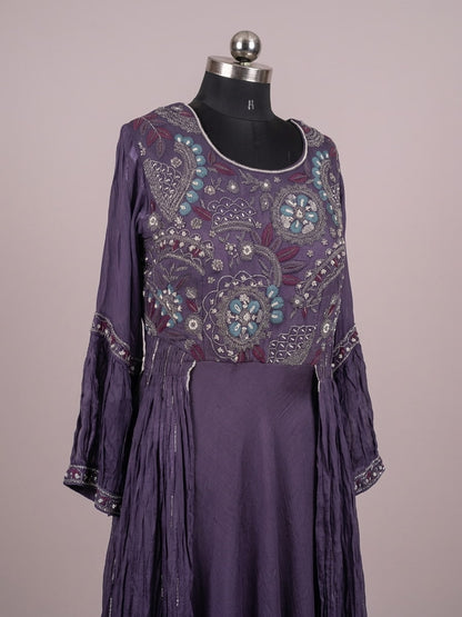 Designer violet Anarkali dress with floral thread embroidery and flowy silhouette