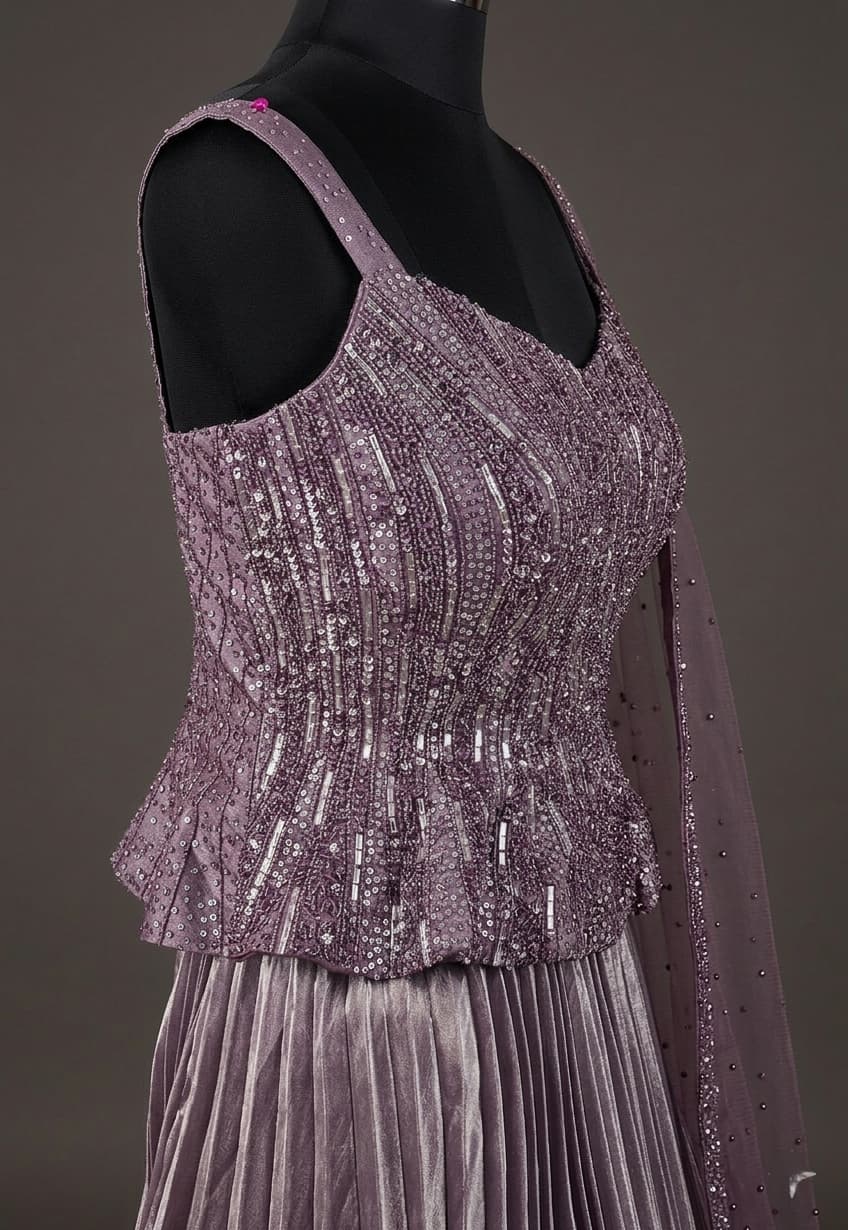 Smoky purple party wear gown with pleated skirt and dupatta