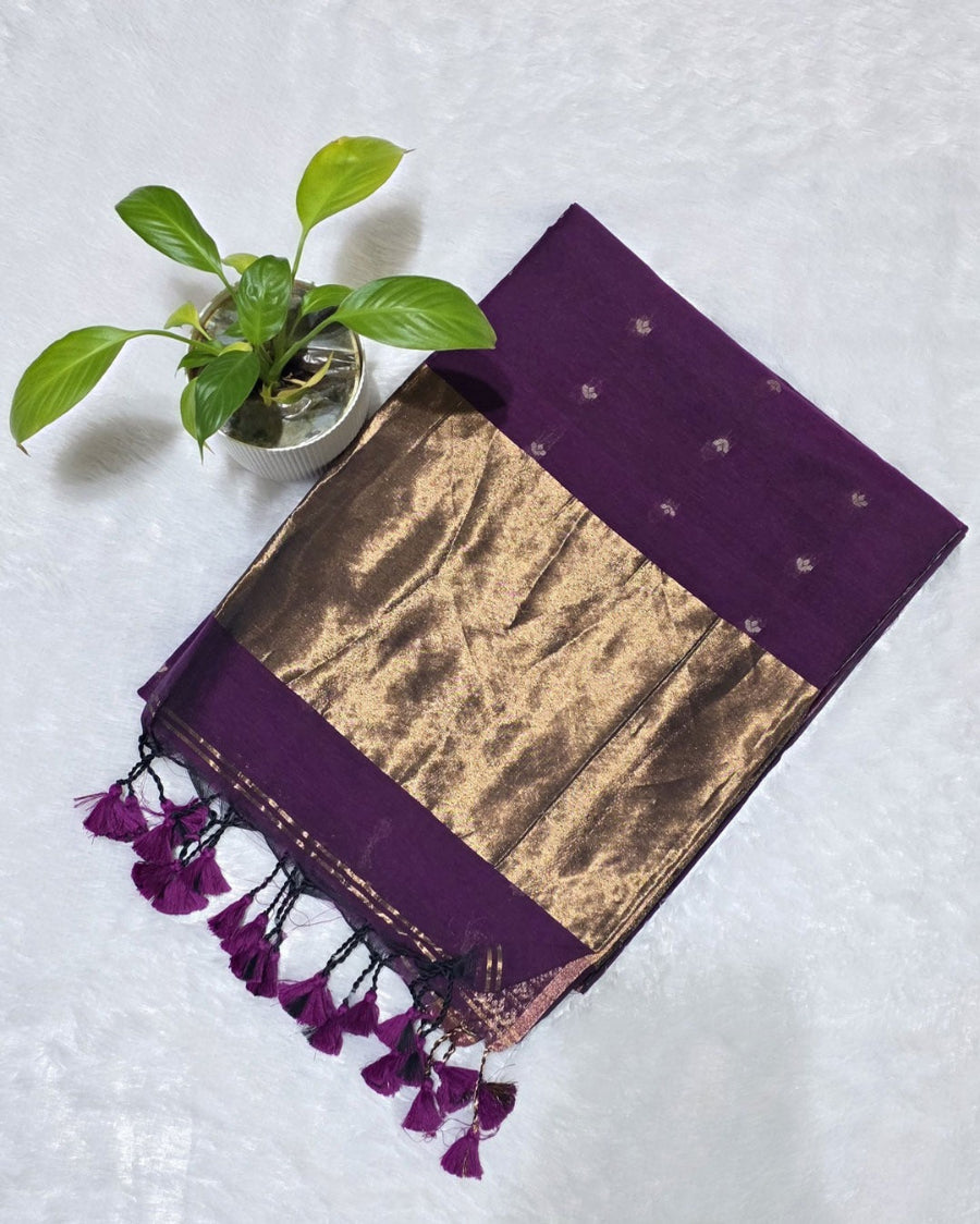 Purple pure cotton saree with all over butties, copper zari pallu and simple golden border with tussels by Kabra the Fashionista
