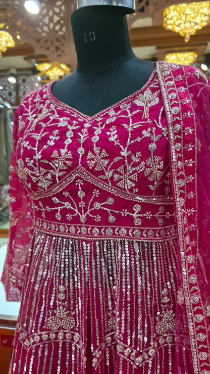 V-neck embroidered bodice detail of rani pink Anarkali gown