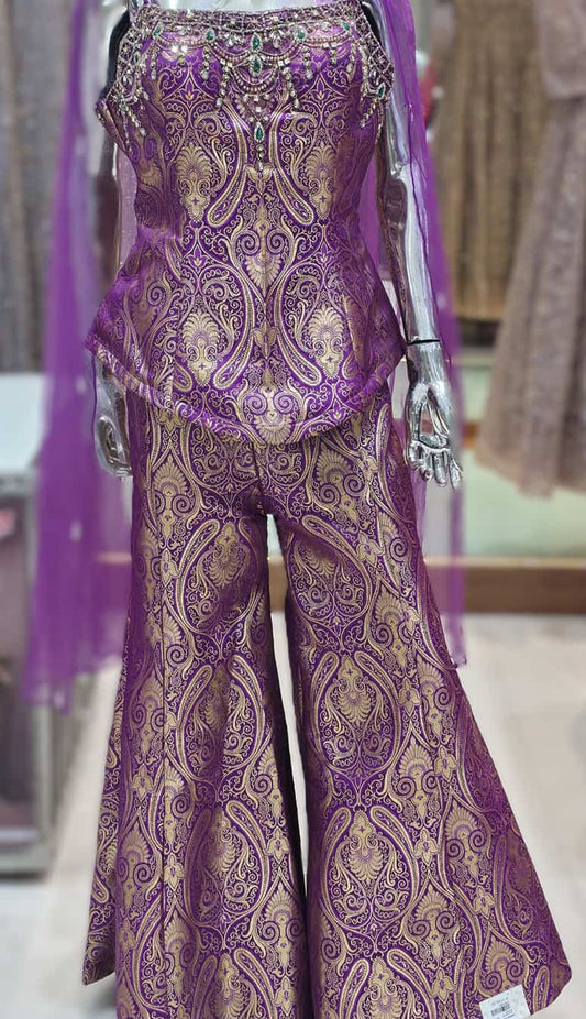 Royal purple Banarasi brocade peplum gharara set front view