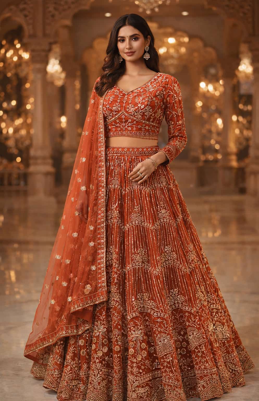 Rust orange embroidered lehenga set with sequin work and net dupatta full front view.
