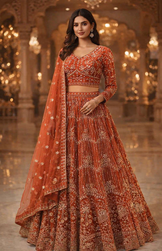 Rust orange embroidered lehenga set with sequin work and net dupatta full front view.