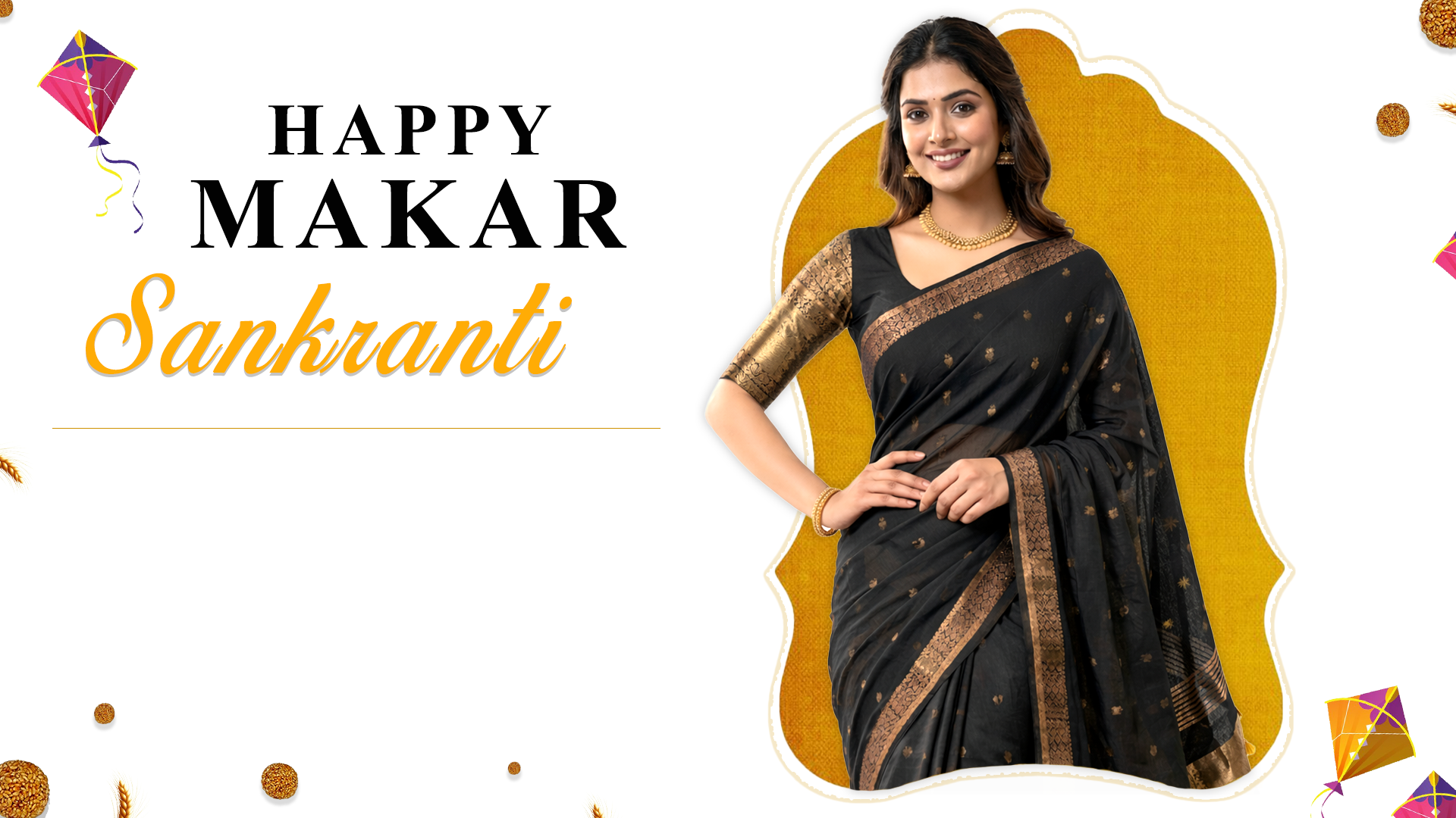 “Women’s black and gold cotton saree for Makar Sankranti festival – stylish festive saree for Sankranti celebration”