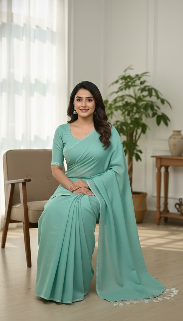 Sea green mulmul cotton saree with hand-tied tassels on pallu