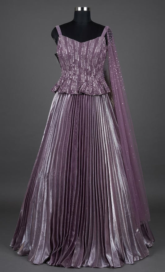 Shimmering smoky purple designer gown with sequin embroidery