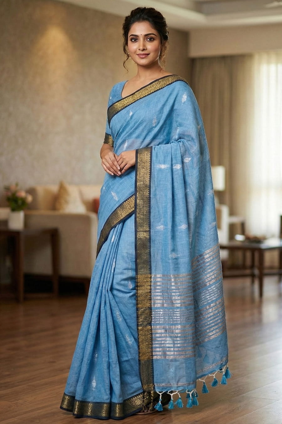 Sky blue cotton saree with all-over silver butti work, golden line stripes on the pallu, and elegant golden border.