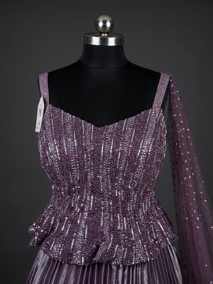 Purple sequin embellished corset gown for wedding wear