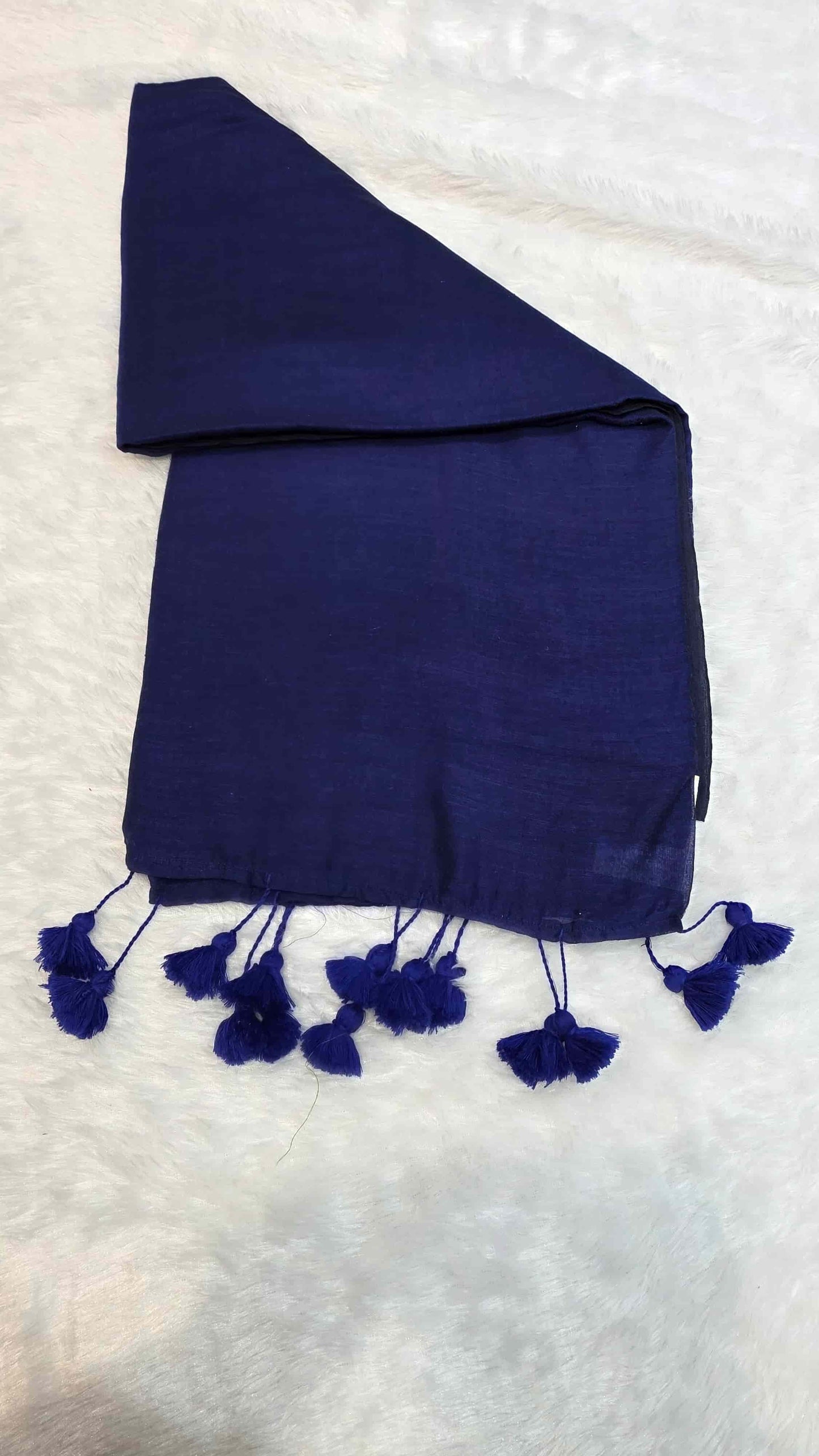 Lightweight navy blue mulmul cotton saree with hand-tied tassels
