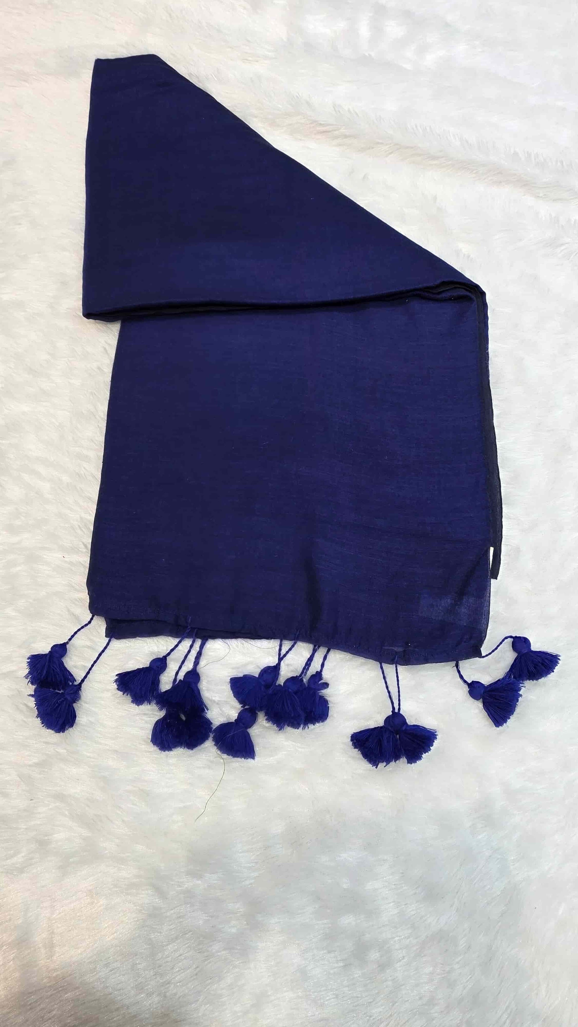 Lightweight navy blue mulmul cotton saree with hand-tied tassels