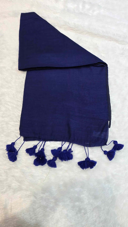 Lightweight navy blue mulmul cotton saree with hand-tied tassels