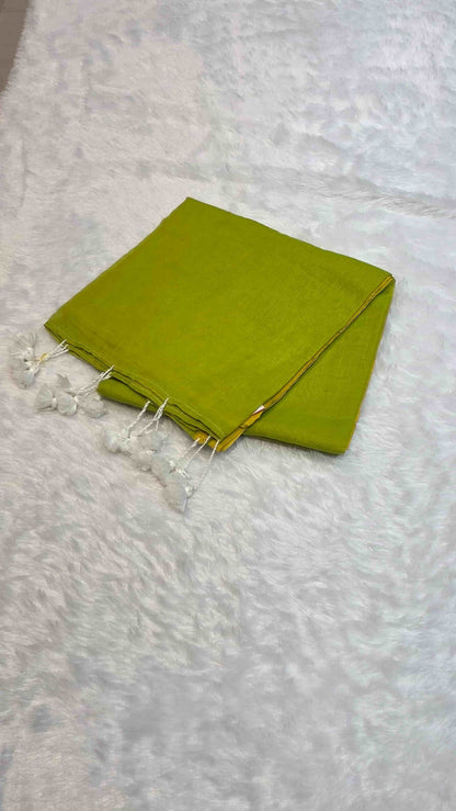 Olive green mulmul cotton saree with tassel pallu and contrast border