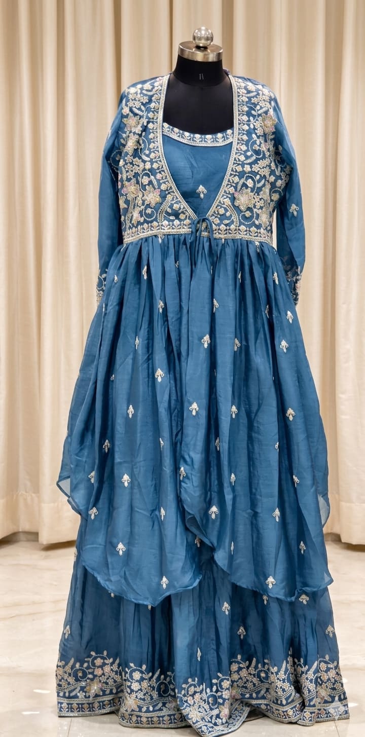 Teal blue embroidered Anarkali set with jacket and floral threadwork