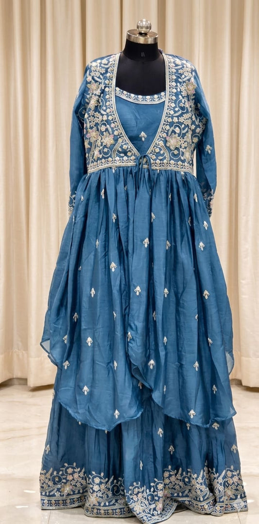 Teal blue embroidered Anarkali set with jacket and floral threadwork