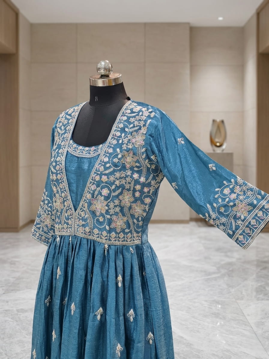 Teal blue silk blend Anarkali with multicolour floral embroidery