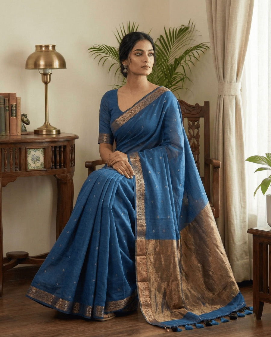 THis is stylish teal blue cotton saree with subtle butti deataling and contrast cpper zari pallu with elegant tessels at its border specially for casual outings and office wear.