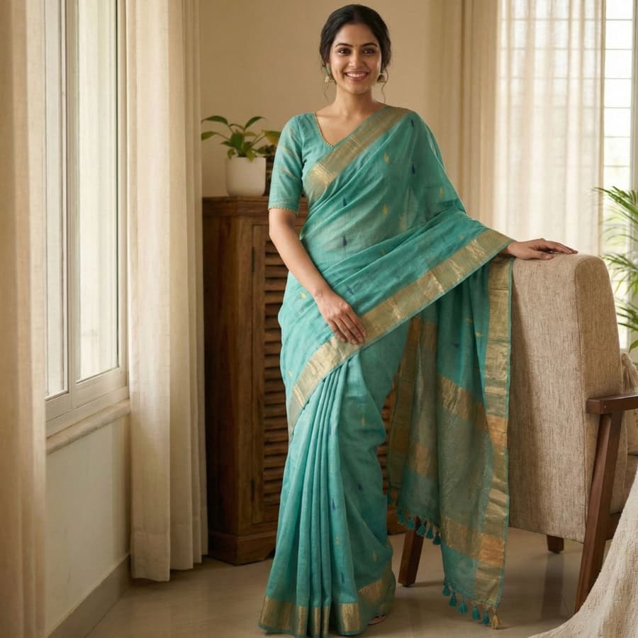 Teal green cotton saree with overall colourful triangle butties, copper zari pallu highlights and subtle golden border with tassels
