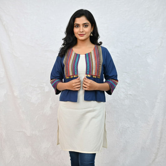 Navy blue Banjara embroidered koti with golden coin fringe for women