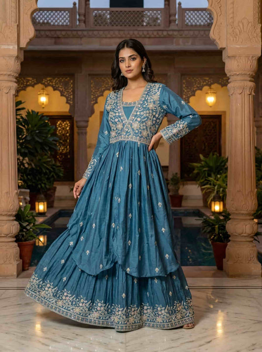 Teal blue embroidered Anarkali set with jacket and floral threadwork