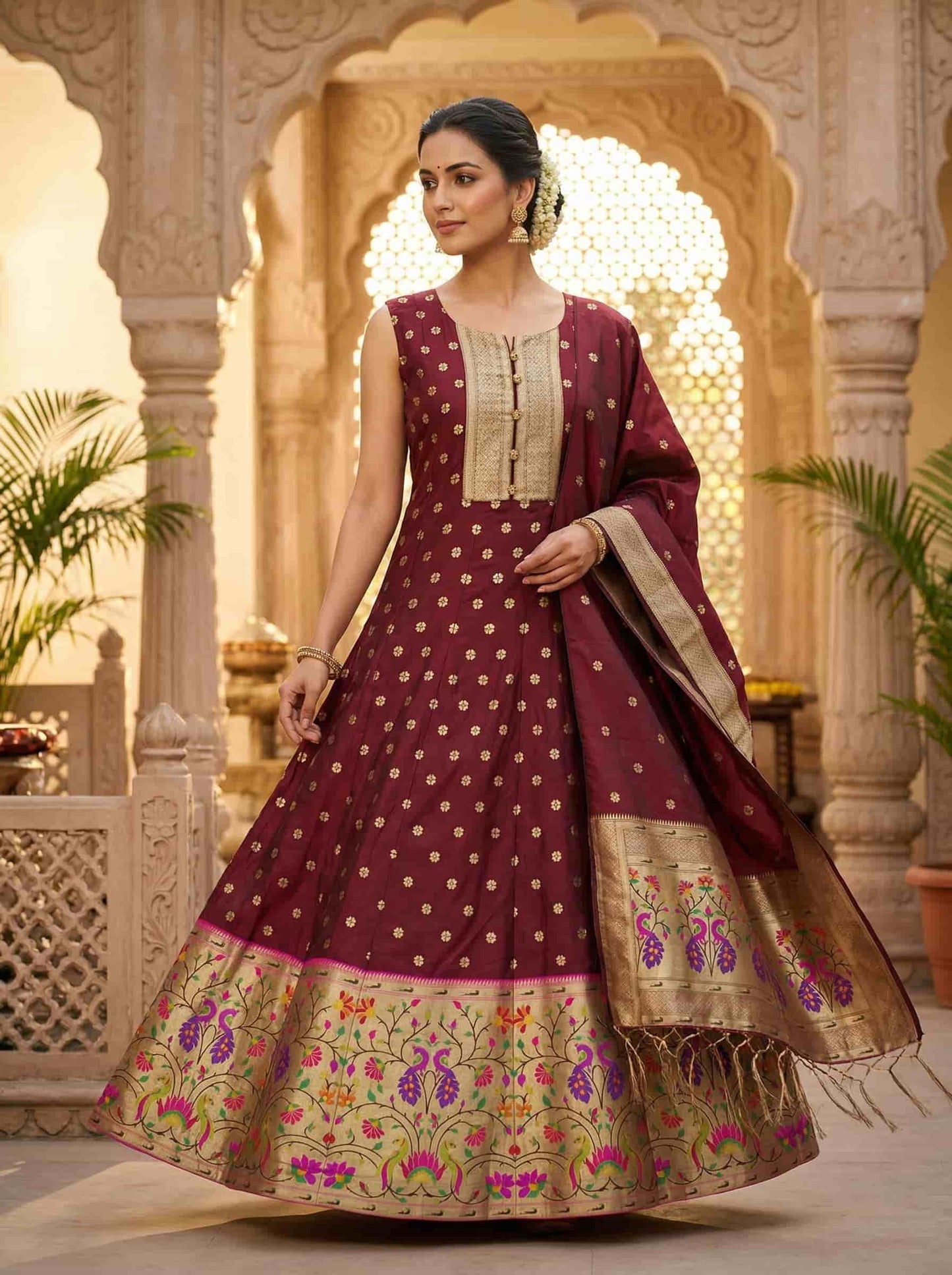Deep Maroon Paithani Anarkali Suit with Silk Blend & Woven Border