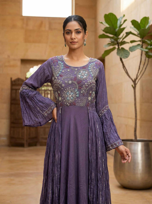 Designer violet Anarkali dress with floral thread embroidery and flowy silhouette