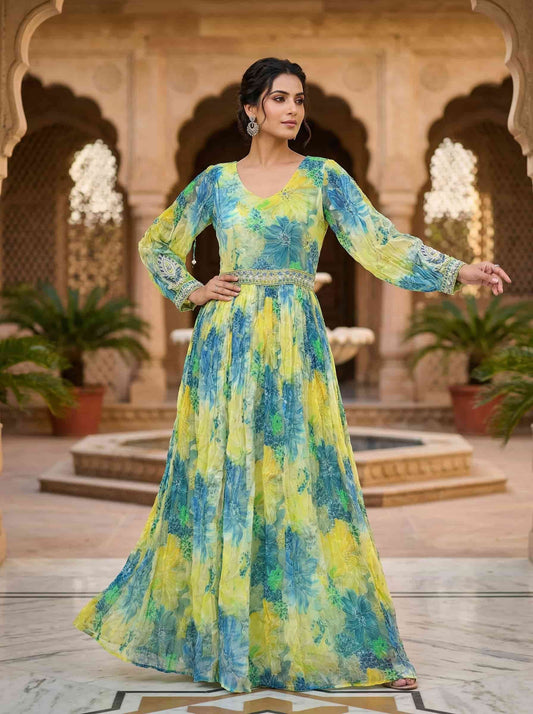 Pastel Yellow Floral Anarkali Dress