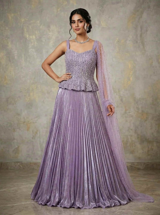 Lavender embellished corset gown set with sequin work and dupatta