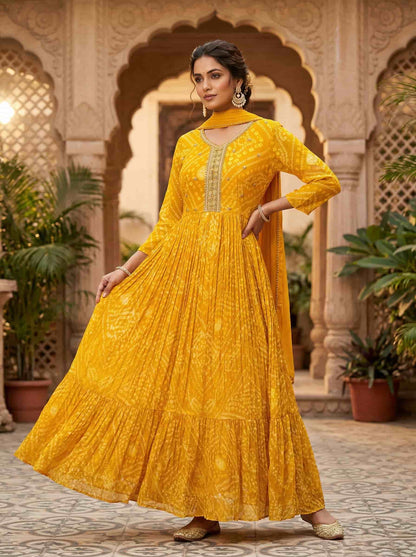 Mustard yellow tie-dye Anarkali dress with embroidered V-neck and dupatta