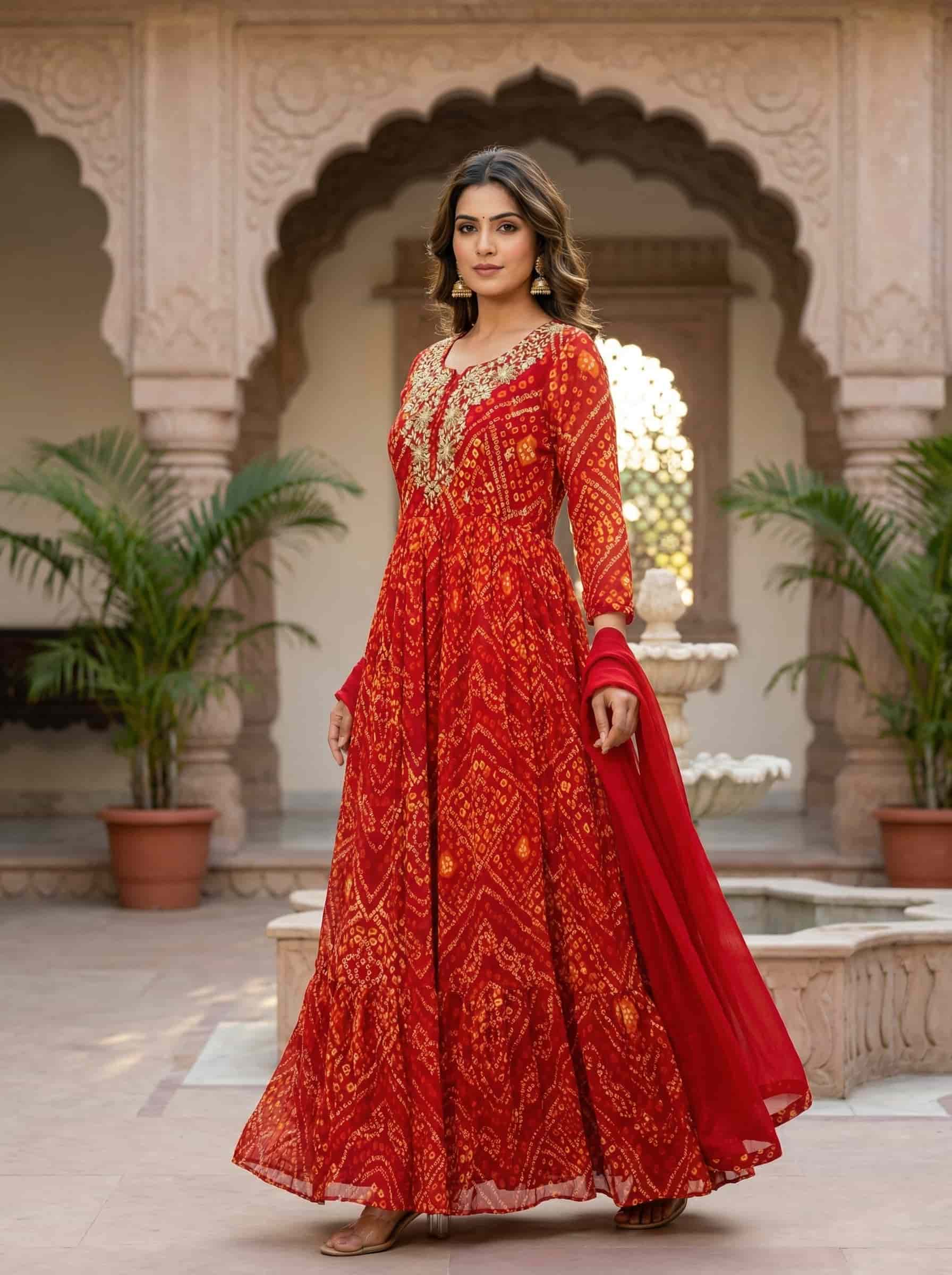 Red Georgette Embroidered Anarkali with Tiered Flare