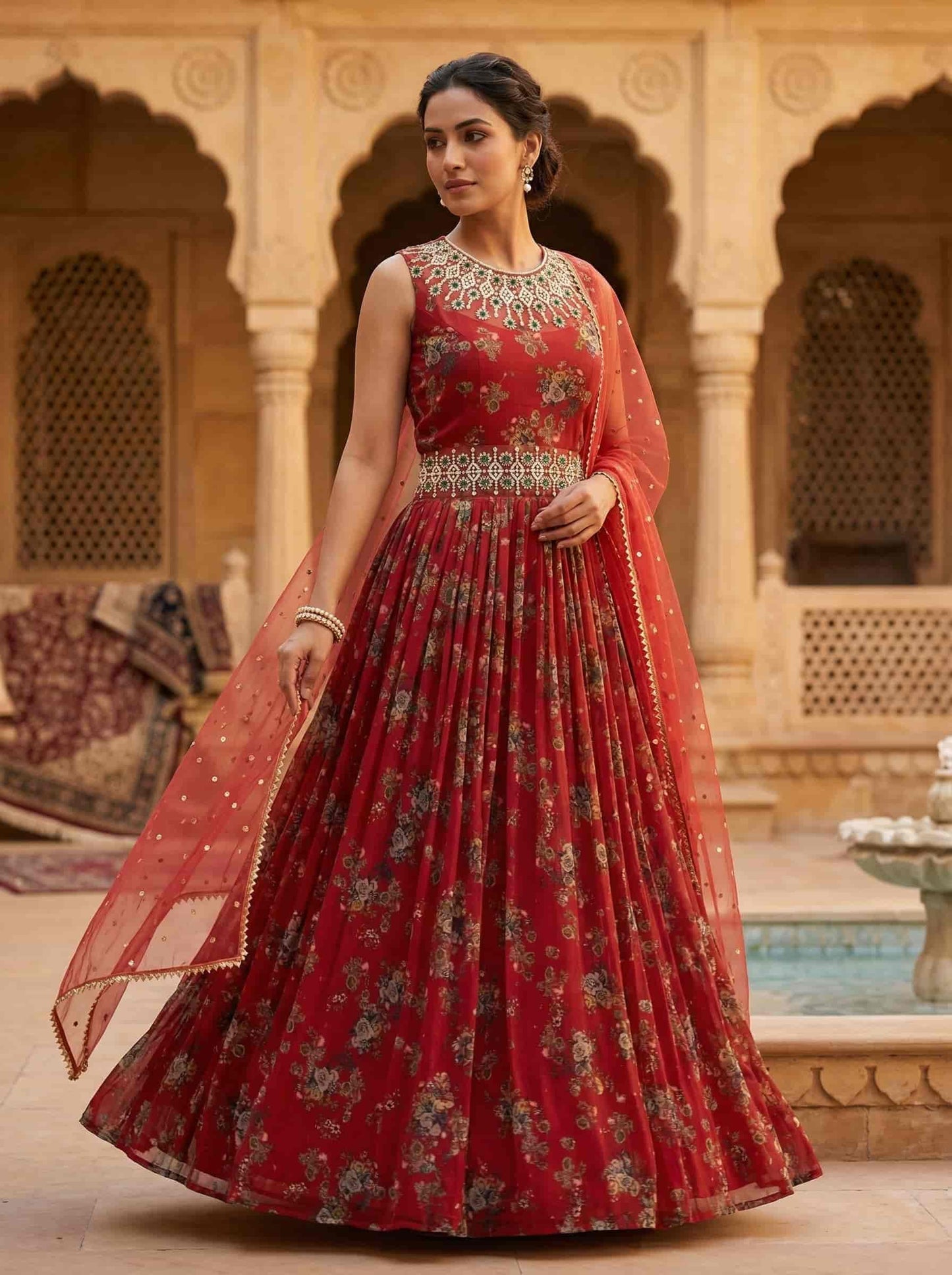 Crimson Red Floral Anarkali Dress with beautifull dupatta