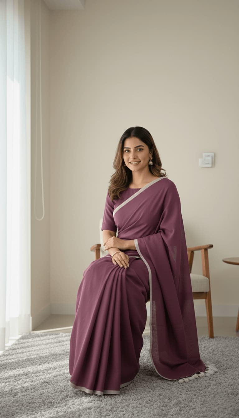 Wine deep plum mulmul cotton saree with contrast border and tassels