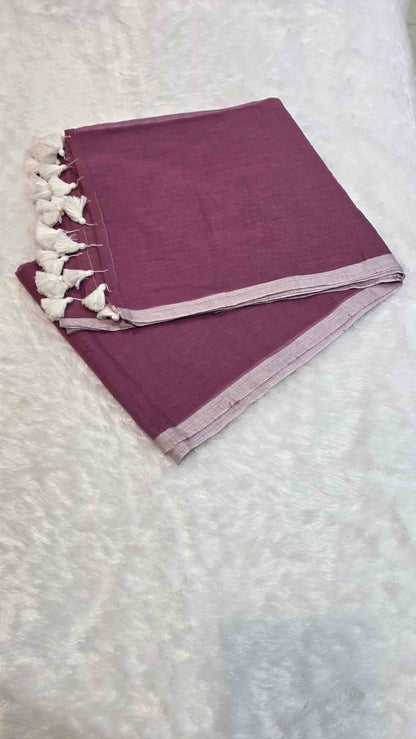 Elegant deep plum mulmul cotton saree with contrast border and tassels